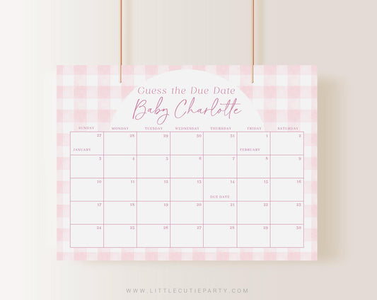 Editable Pink Gingham Baby Shower Calendar, Pink Bow Due Date Calendar, Baby Shower Due Date Calendar Games for Gingham Baby Shower PGHBS002