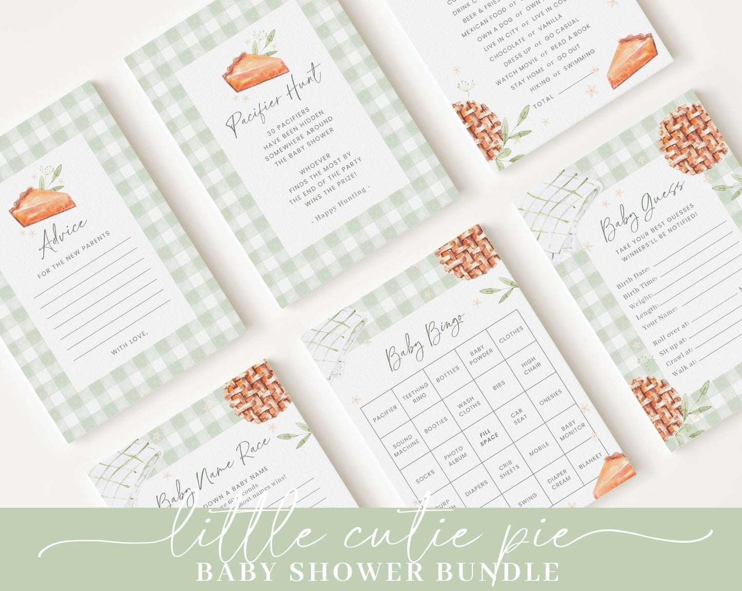 Editable Cutie Pie Baby Shower Bundle, Little Cutie Pie Sage Green Baby Shower Invitation with Games Bundle and Baby Shower Decor CTPBS003