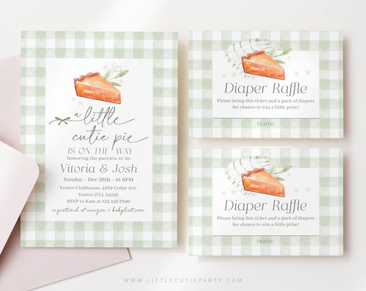 Editable Cutie Pie Baby Shower Invitation, Our Little Cutie Pie Sage Green Invitation with Diaper Raffle, Books for Baby and Tag CTPBS003