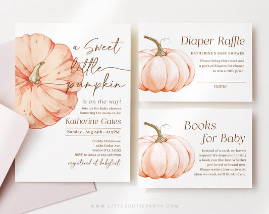 Editable Pumpkin Baby Shower Invitation, Little Pumpkin is On The Way with Diaper Raffle, Books for Baby and Tag OPKBS003