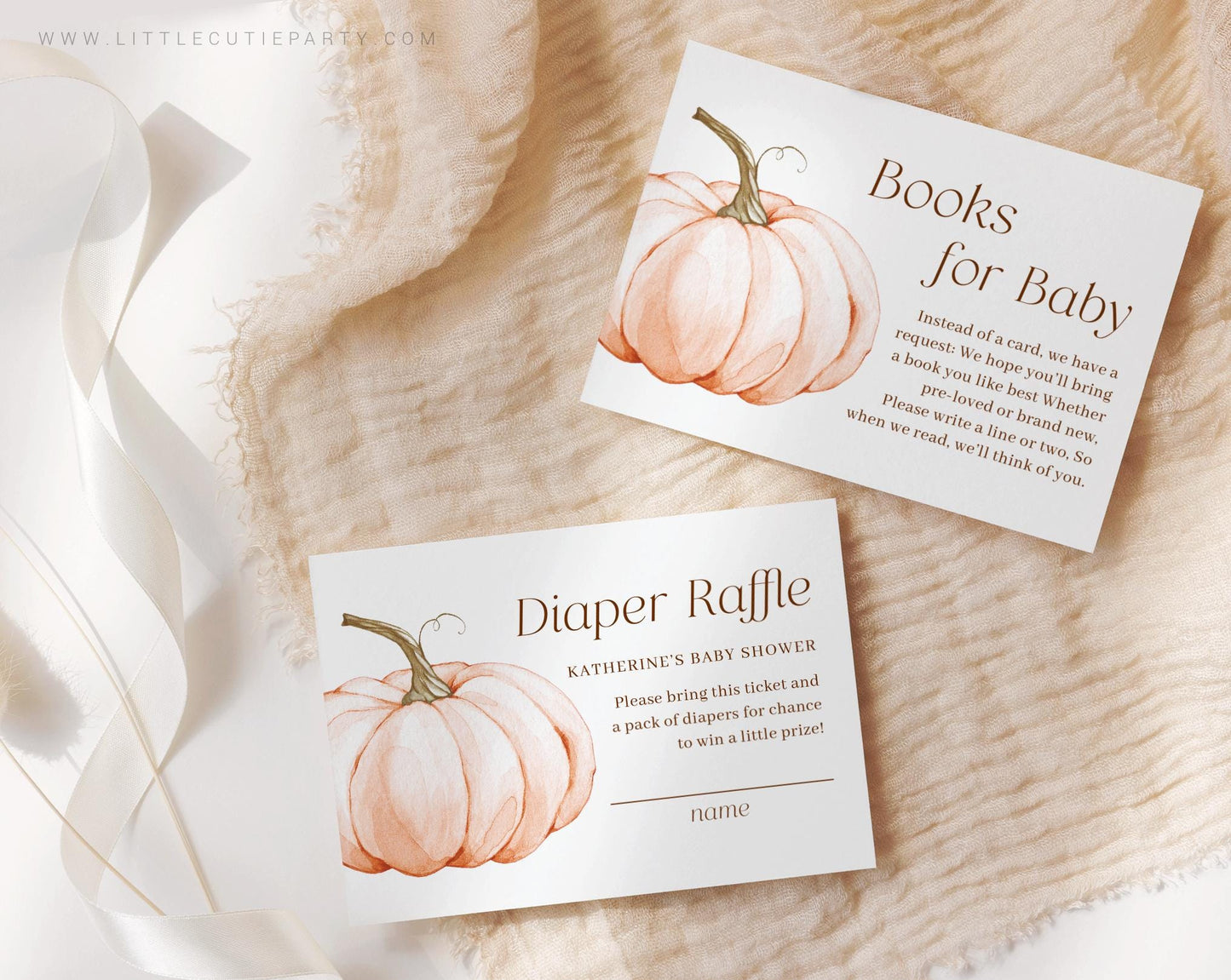Editable Pumpkin Baby Shower Invitation, Little Pumpkin is On The Way with Diaper Raffle, Books for Baby and Tag OPKBS003