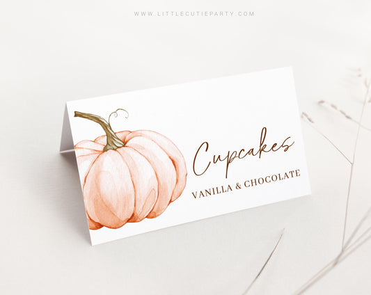 Editable Pumpkin Food Labels, Food Tent cards, Folded Food Cards for Little Pumpkin Decorations OPKBS003