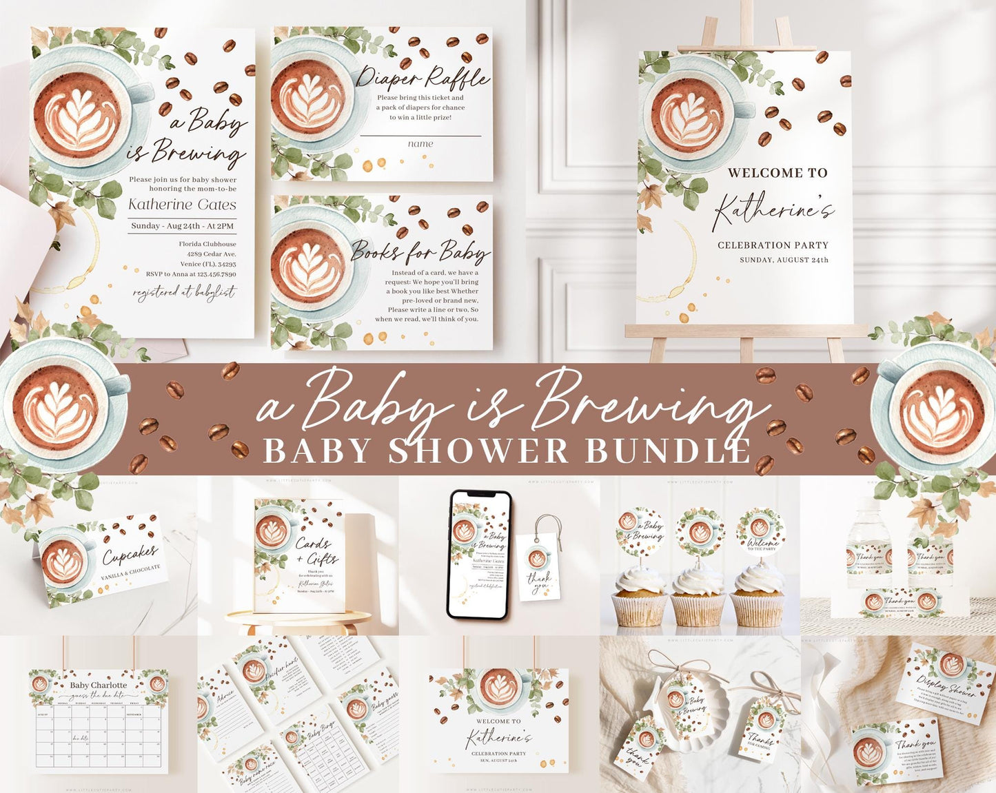 Editable Baby is Brewing Coffee Baby Shower Bundle, A Baby is Brewing Baby Shower Bundle with Halloween Games Bundle and Decor BRGBS001