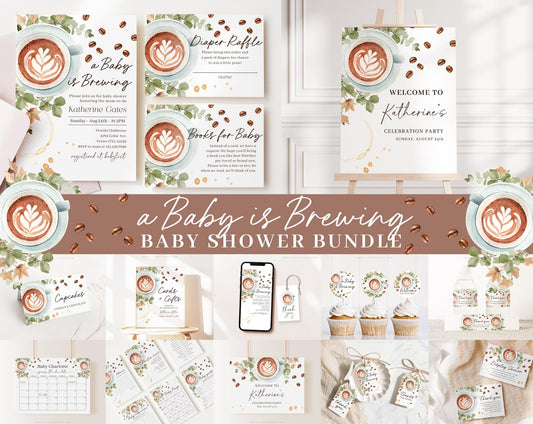 Editable Baby is Brewing Coffee Baby Shower Bundle, A Baby is Brewing Baby Shower Bundle with Halloween Games Bundle and Decor BRGBS001