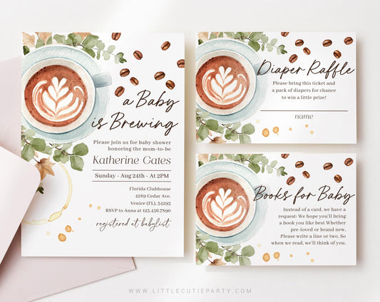 Editable A Baby is Brewing Invitation Baby Shower, Coffee Baby Shower Invite with Diaper Raffle, Books for Baby and Tag BRGBS001