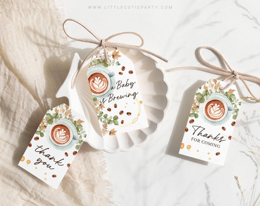 Editable Baby is Brewing Favor Tags: Coffee Theme, Thank You Tags (Digital Download) BRGBS001