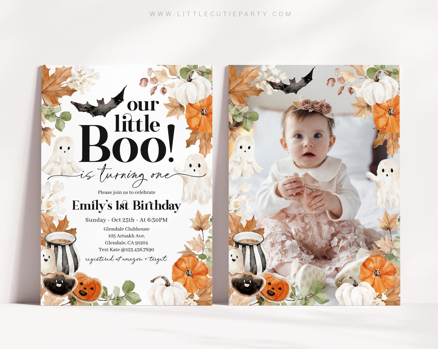 Editable Little Boo Birthday Invitation with Picture, Halloween First Birthday Invitation, Halloween Birthday Invitation with Tag LTBBD003