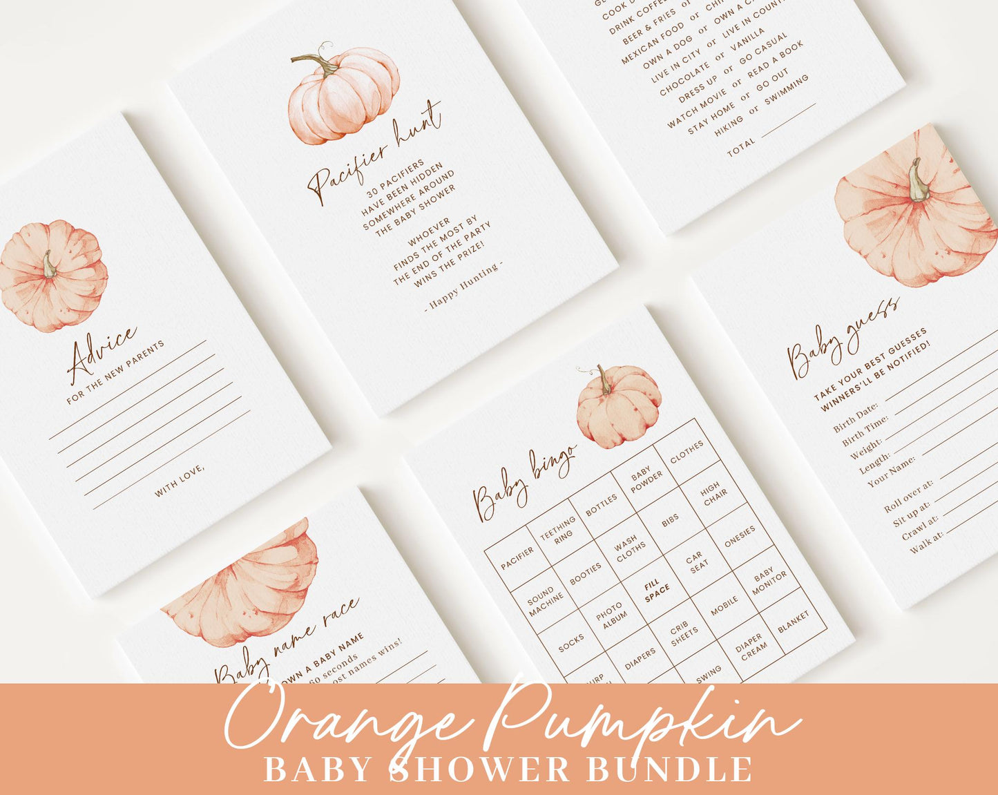 Editable Orange Pumpkin Baby Shower Invitation Bundle, Little Pumpkin is On The Way with Games Bundle and Fall Shower Decoration OPKBS003