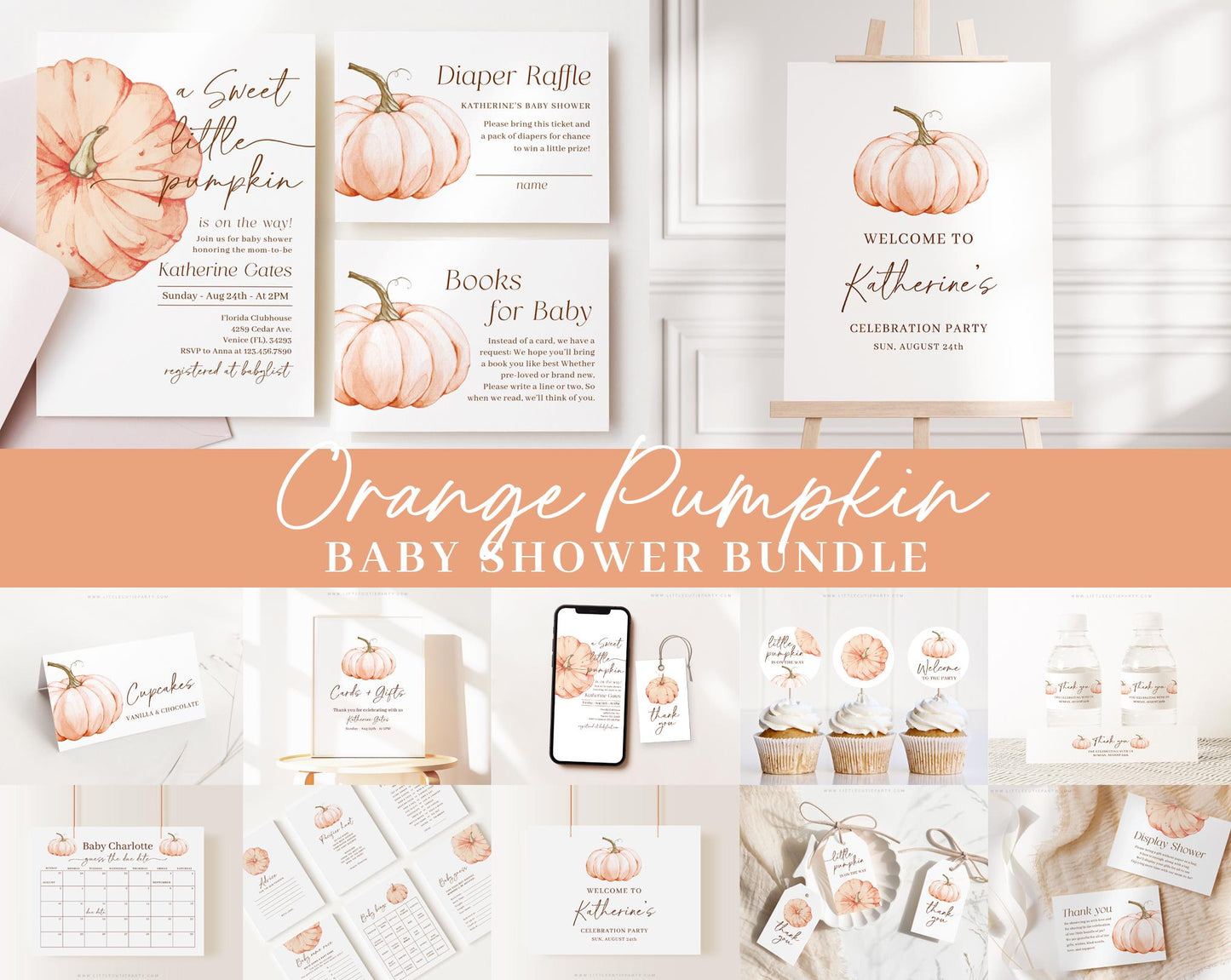 Editable Orange Pumpkin Baby Shower Invitation Bundle, Little Pumpkin is On The Way with Games Bundle and Fall Shower Decoration OPKBS003