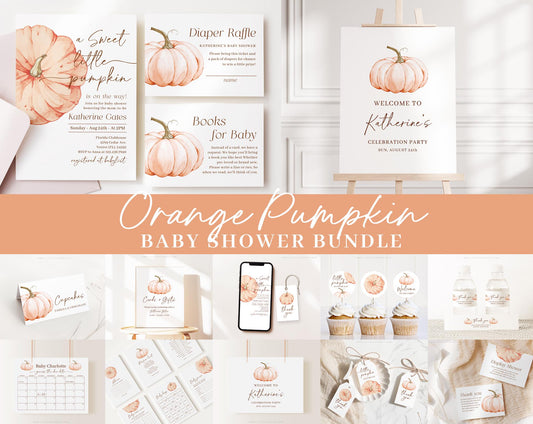 Editable Orange Pumpkin Baby Shower Invitation Bundle, Little Pumpkin is On The Way with Games Bundle and Fall Shower Decoration OPKBS003
