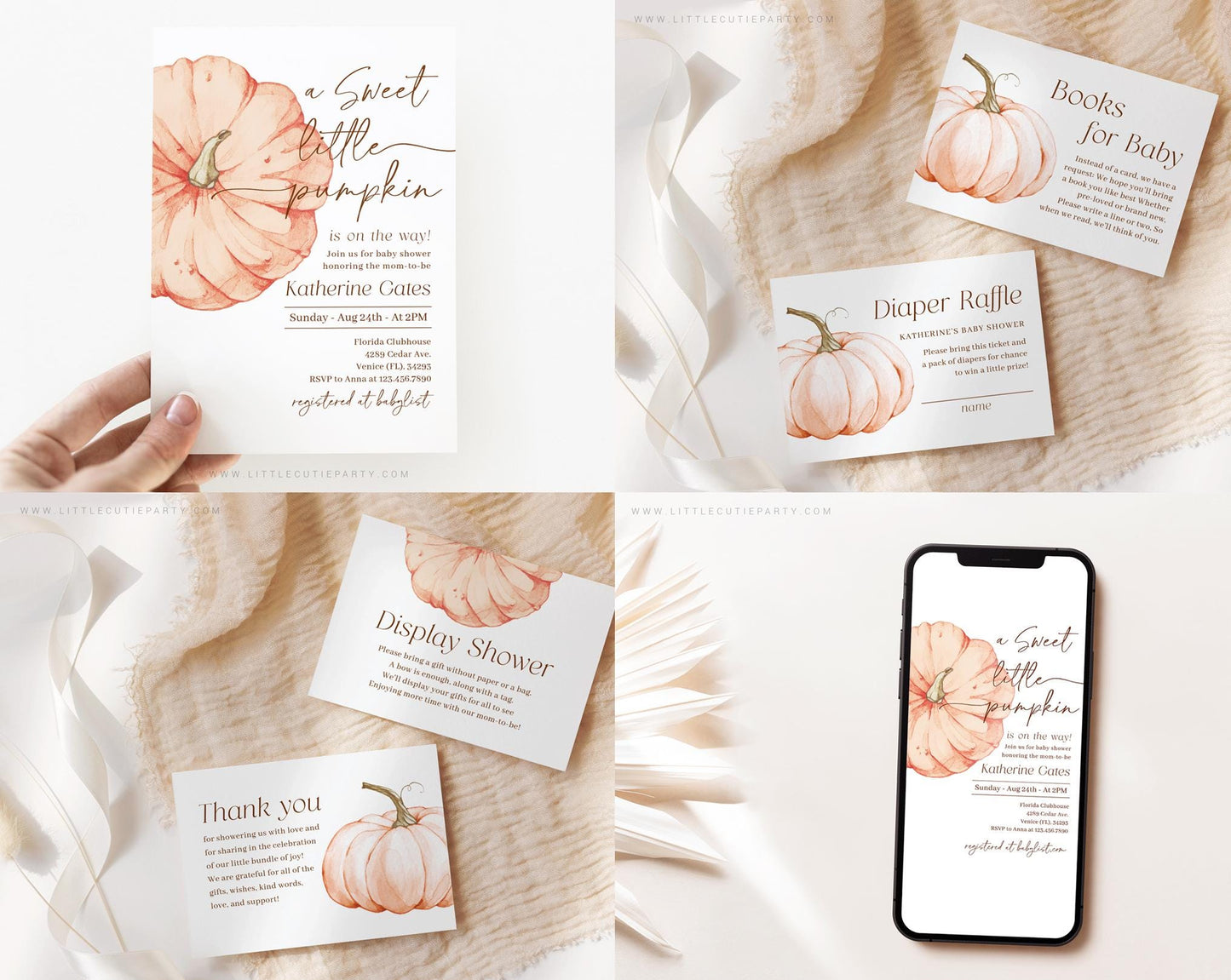 Editable Orange Pumpkin Baby Shower Invitation Bundle, Little Pumpkin is On The Way with Games Bundle and Fall Shower Decoration OPKBS003