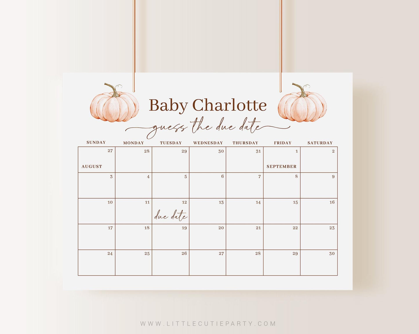 Editable Pumpkin Baby Shower Calendar, Little Pumpkin is on the way Due Date Calendar, Due Date Calendar Games OPKBS003