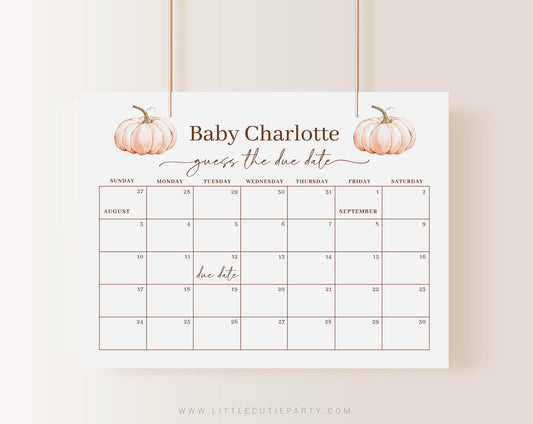 Editable Pumpkin Baby Shower Calendar, Little Pumpkin is on the way Due Date Calendar, Due Date Calendar Games OPKBS003