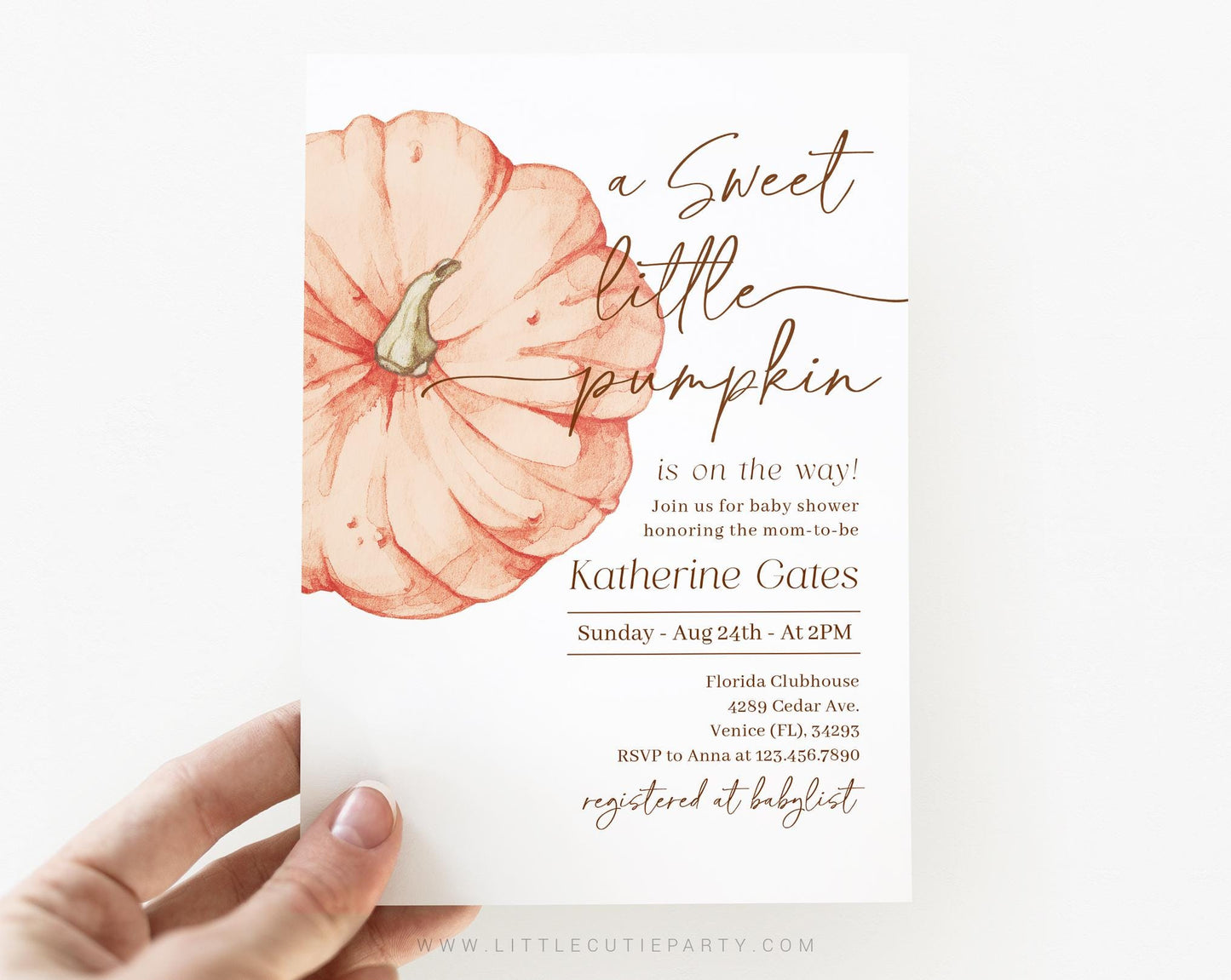 Editable Pumpkin Baby Shower Invitation, Little Pumpkin is On The Way with Diaper Raffle, Books for Baby and Tag OPKBS003