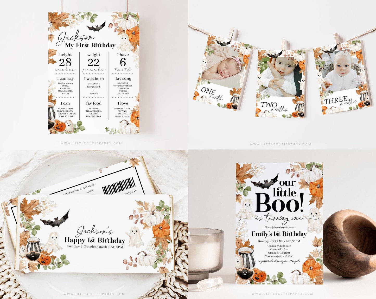 Editable Little Boo Birthday Invite Bundle, Halloween Birthday Invitation, Little Boo is Turning 1 Birthday Bundle with Decorations LTBBD003