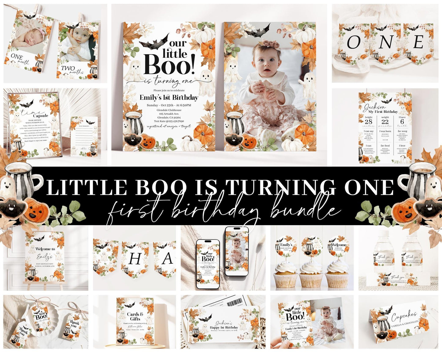 Editable Little Boo Birthday Invite Bundle, Halloween Birthday Invitation, Little Boo is Turning 1 Birthday Bundle with Decorations LTBBD003