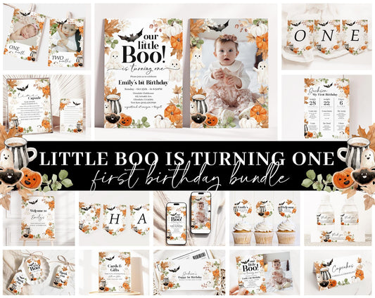 Editable Little Boo Birthday Invite Bundle, Halloween Birthday Invitation, Little Boo is Turning 1 Birthday Bundle with Decorations LTBBD003