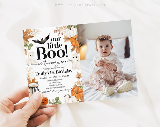 Editable Little Boo is Turning 1 Birthday Invitation with Picture, Halloween First Birthday Invite with Gift Tag LTBBD003