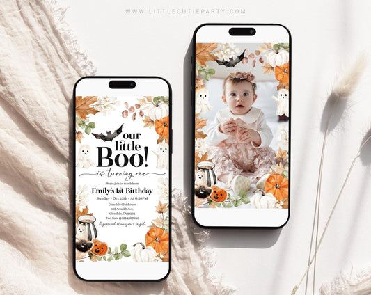 Editable Little Boo Birthday Invite, Little Boo is Turning One Birthday Template with Picture, Digital Invite with Gift Tag LTBBD003