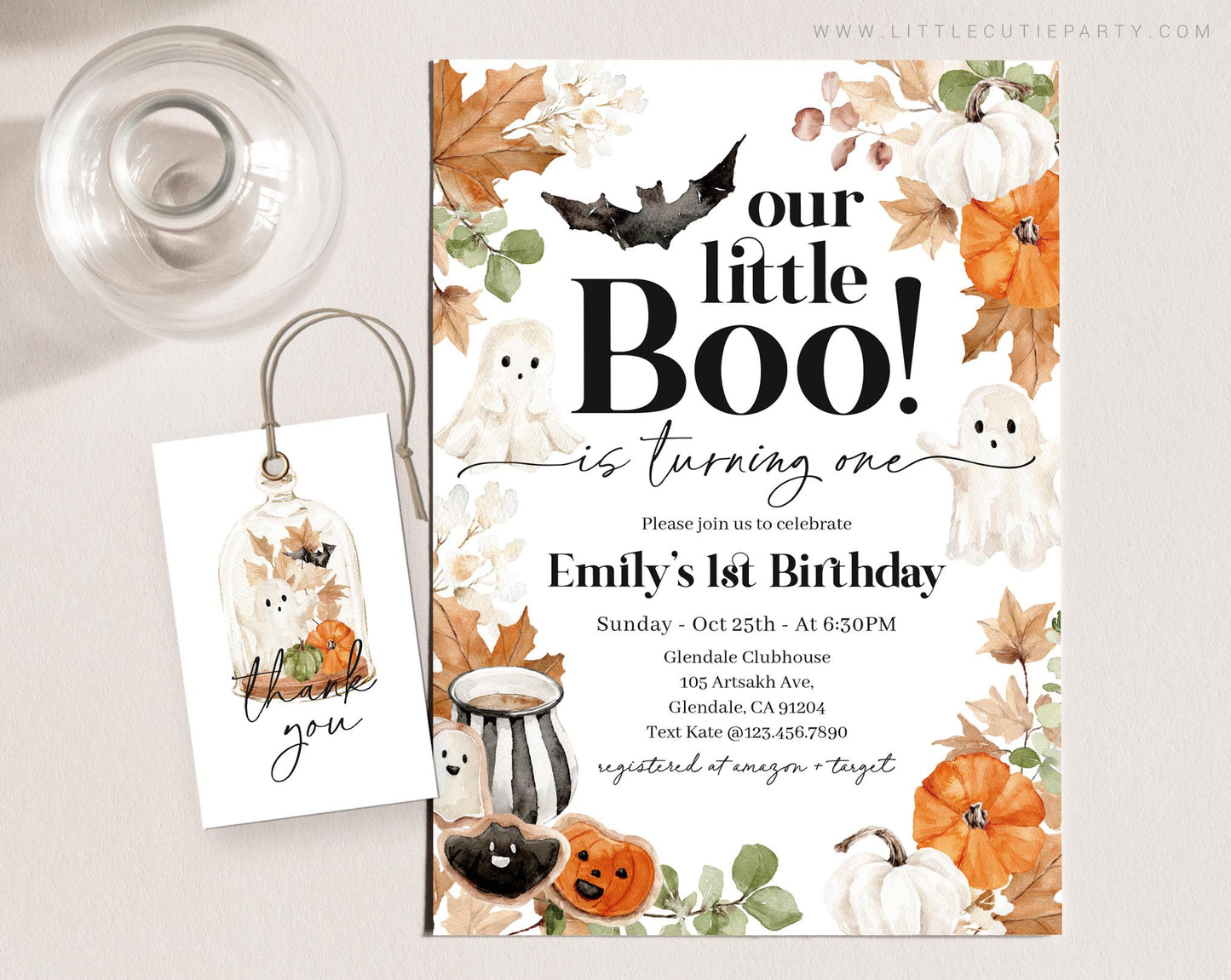 Editable Little Boo Birthday Invitation with Picture, Halloween First Birthday Invitation, Halloween Birthday Invitation with Tag LTBBD003