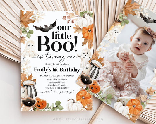 Editable Little Boo Birthday Invitation with Picture, Halloween First Birthday Invitation, Halloween Birthday Invitation with Tag LTBBD003