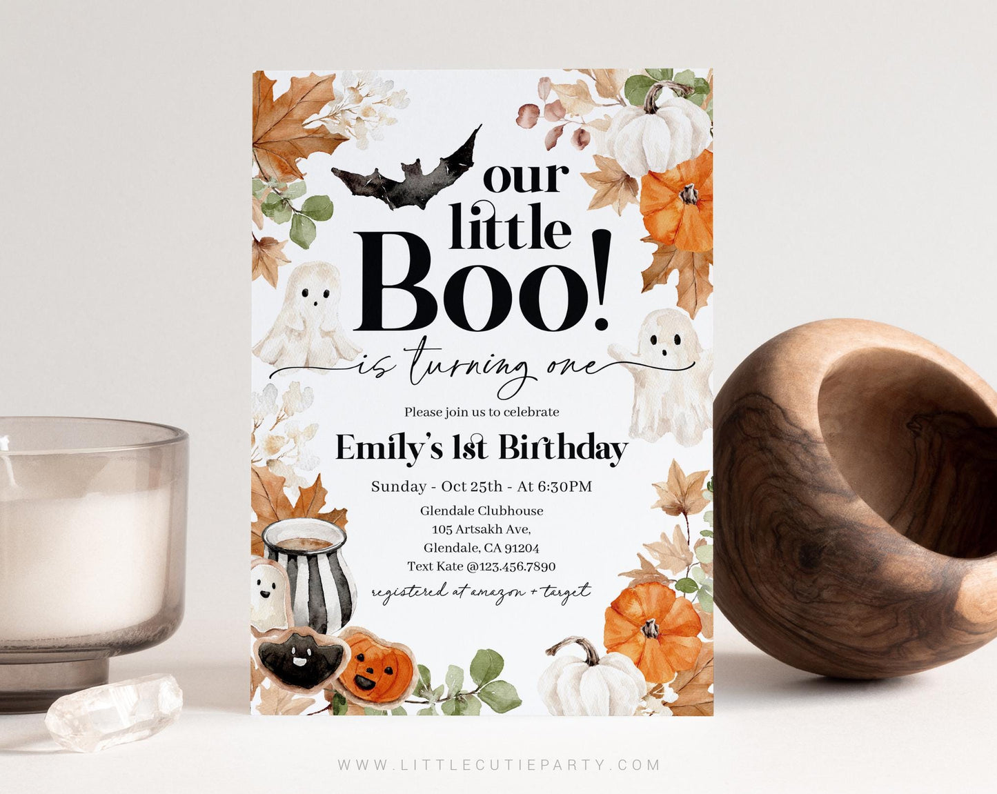 Editable Halloween Birthday Invitation, Little Boo 1st Birthday Invitation, Little Boo is Turning One Birthday Card with Gift Tag LTBBD003