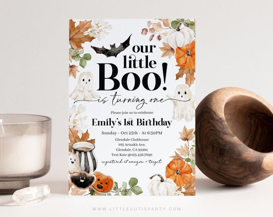 Editable Halloween Birthday Invitation, Little Boo 1st Birthday Invitation, Little Boo is Turning One Birthday Card with Gift Tag LTBBD003