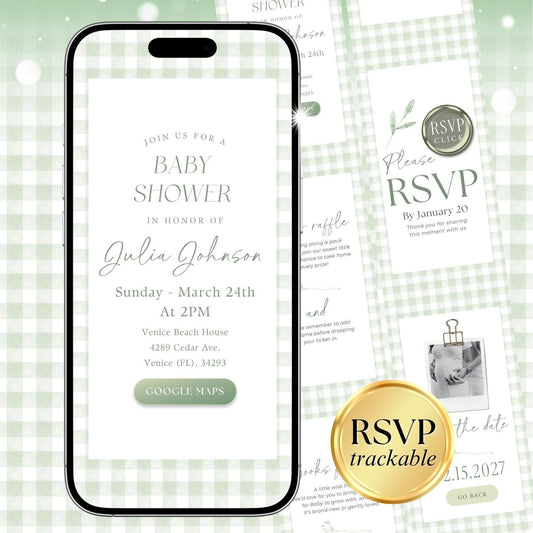 Sage Green Gingham Baby Shower Invitation GGHBS001 - image 1