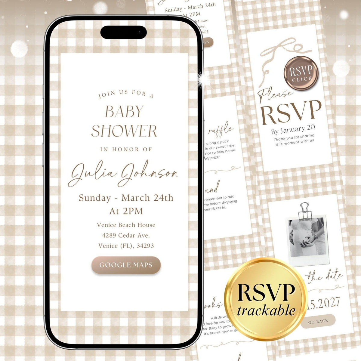 Beige Gingham Baby Shower Invitation NGHBS001 - image 1