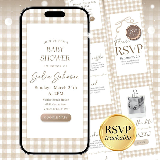 Beige Gingham Baby Shower Invitation NGHBS001 - image 1