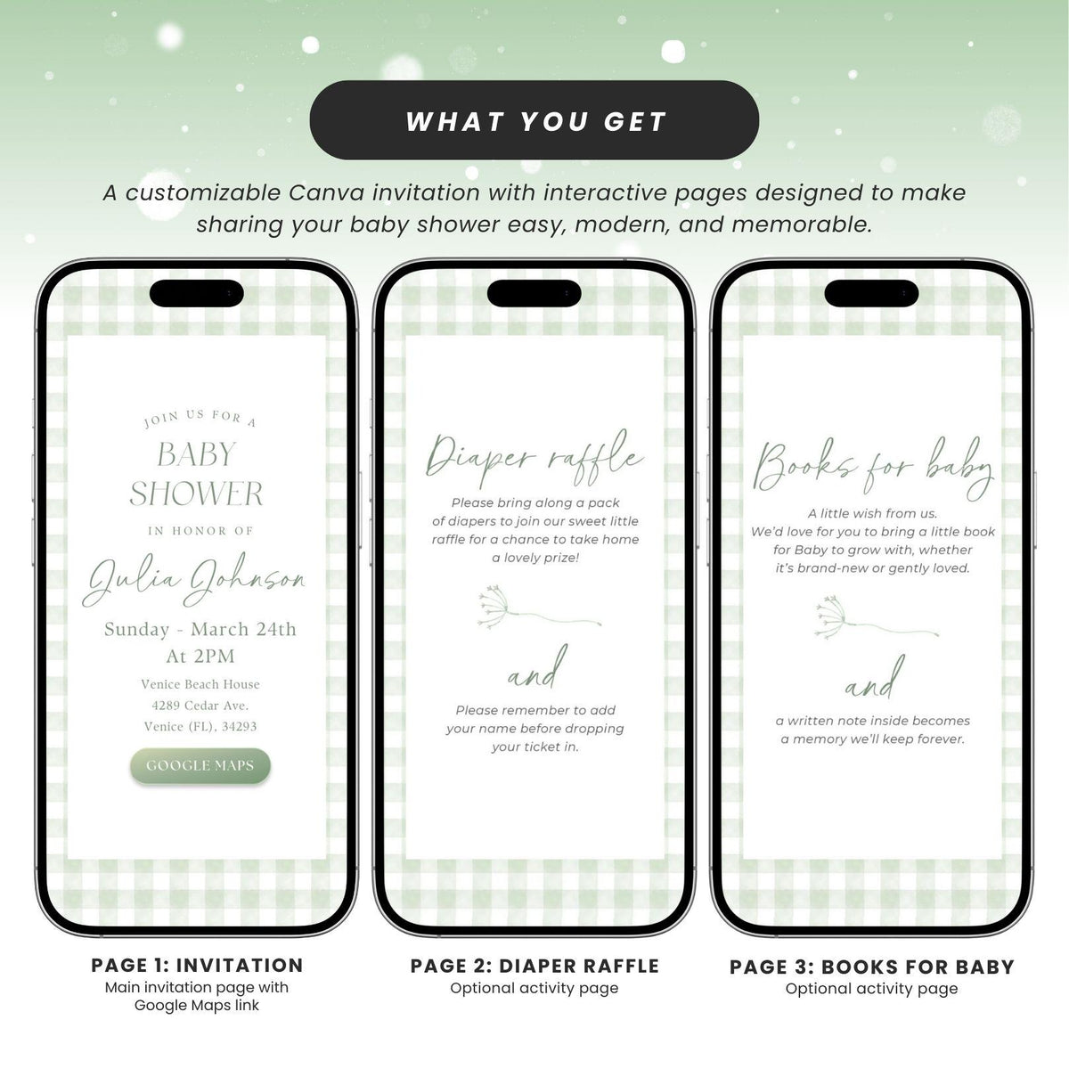 Sage Green Gingham Baby Shower Invitation GGHBS001 - image 4