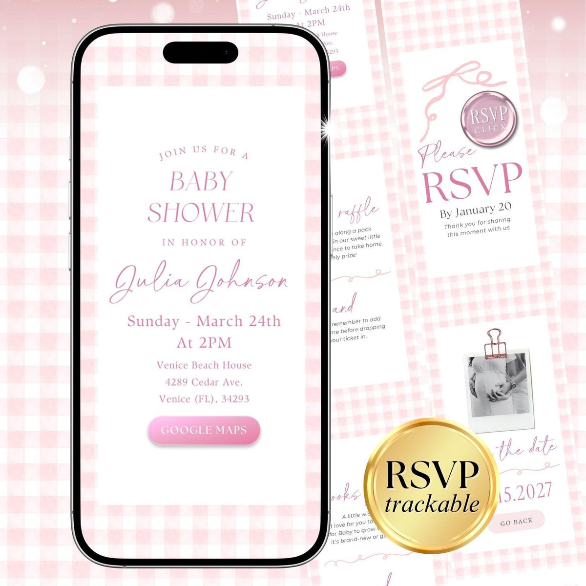 Pink Gingham Baby Shower Digital Invitation PGHBS002 - image 1