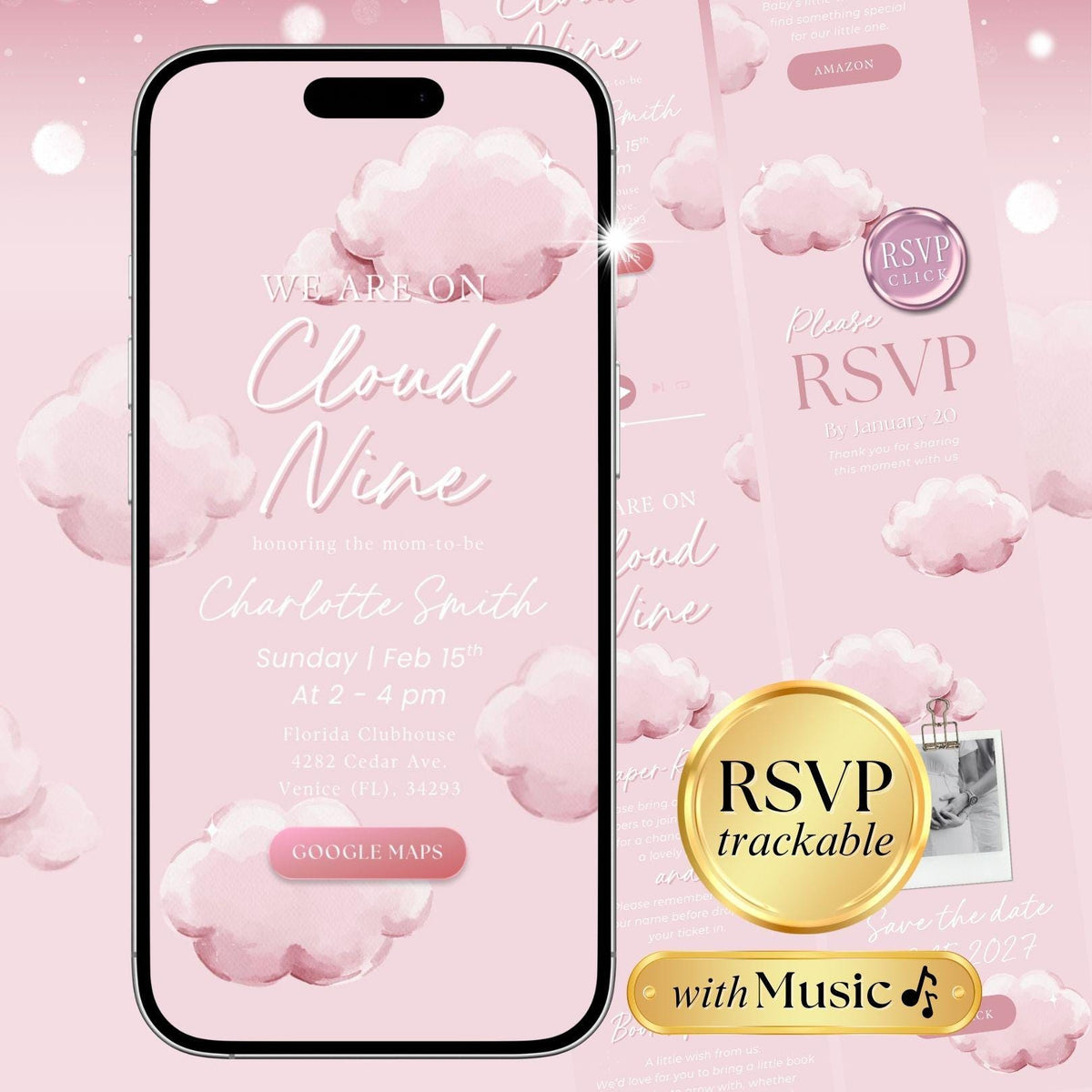 Pink Cloud Nine Baby Shower Invitation CNBS002 - image 1
