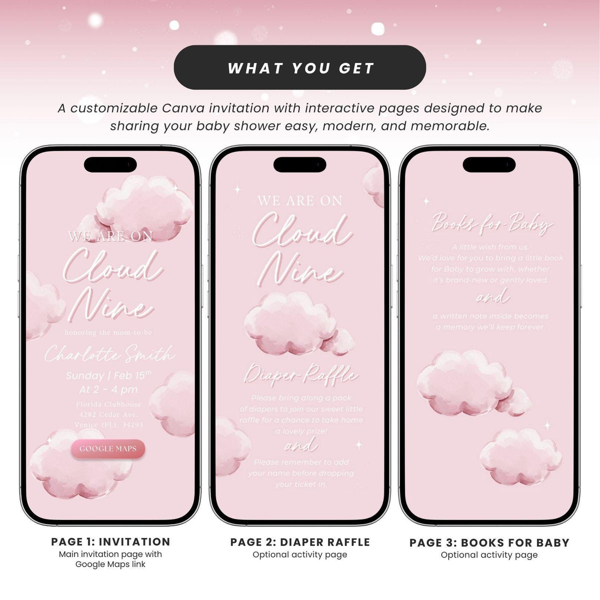 Pink Cloud Nine Baby Shower Invitation CNBS002 - image 4