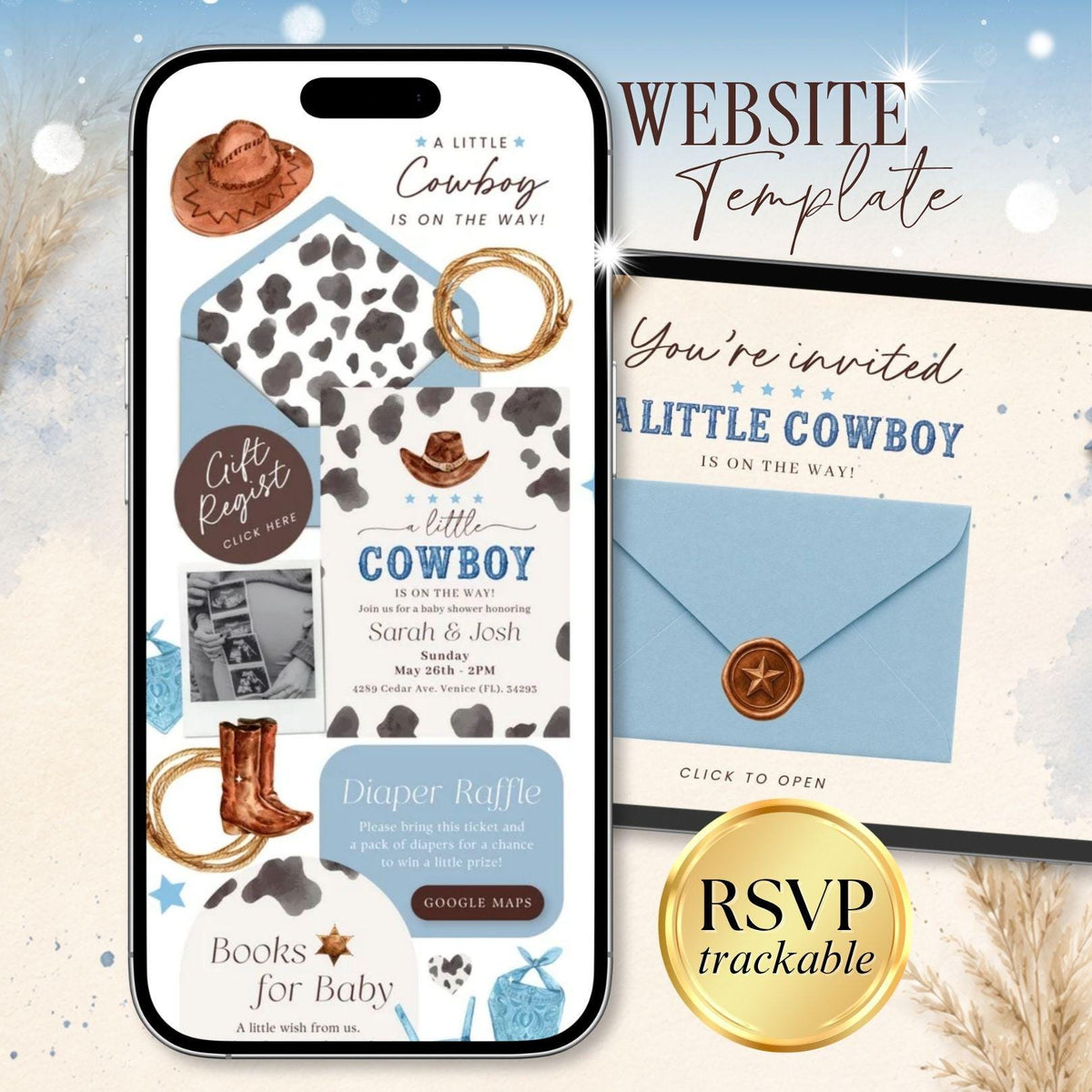 Cowboy Baby Shower Invitation Digital - Canva website invitation template with RSVP, image 1