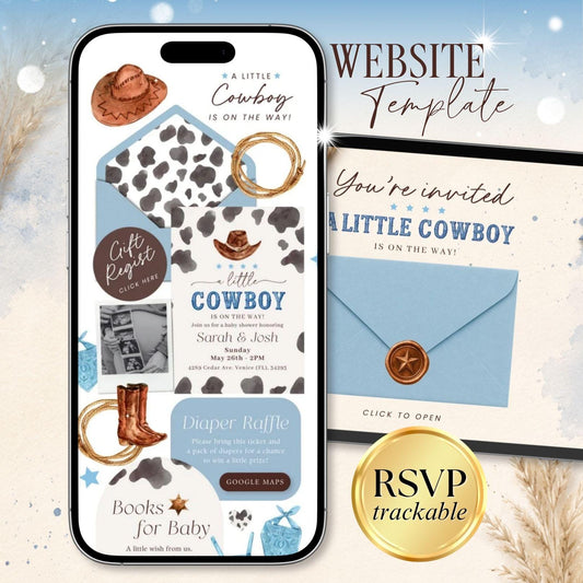 Cowboy Baby Shower Invitation Digital - Canva website invitation template with RSVP, image 1