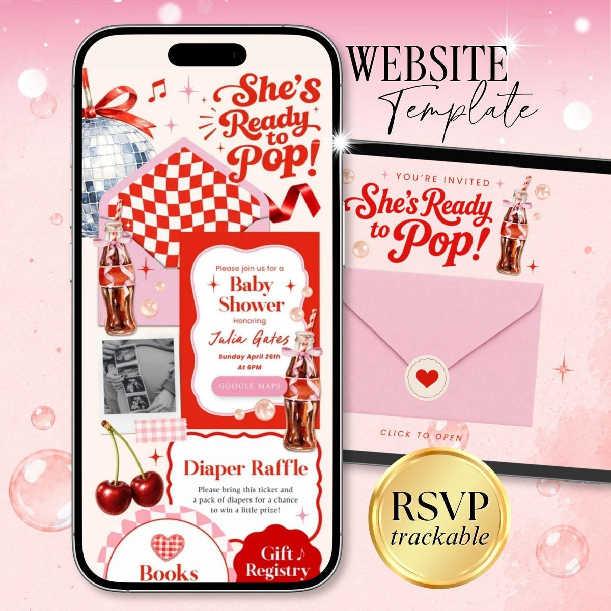 She's Ready to Pop Girl Website Invitation Template - Canva website invitation template with RSVP, image 1