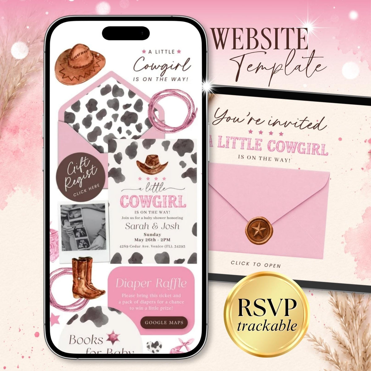 Cowgirl Baby Shower Invitation Digital - Canva website invitation template with RSVP, image 1