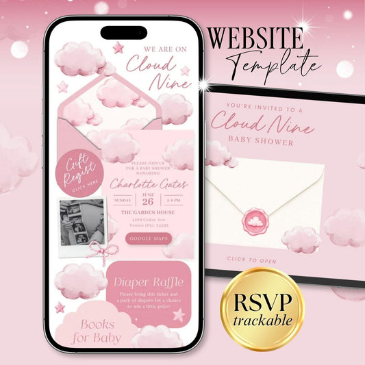 Pink Cloud Nine Baby Shower Invitation for Girl - Canva website invitation template with RSVP, image 1