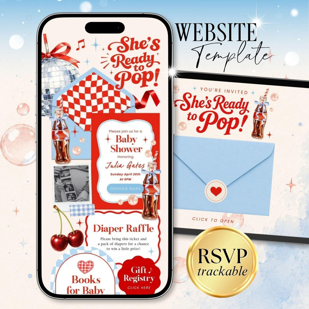Shes Ready to Pop Baby Shower invitation Website Template - Canva website invitation template with RSVP, image 1