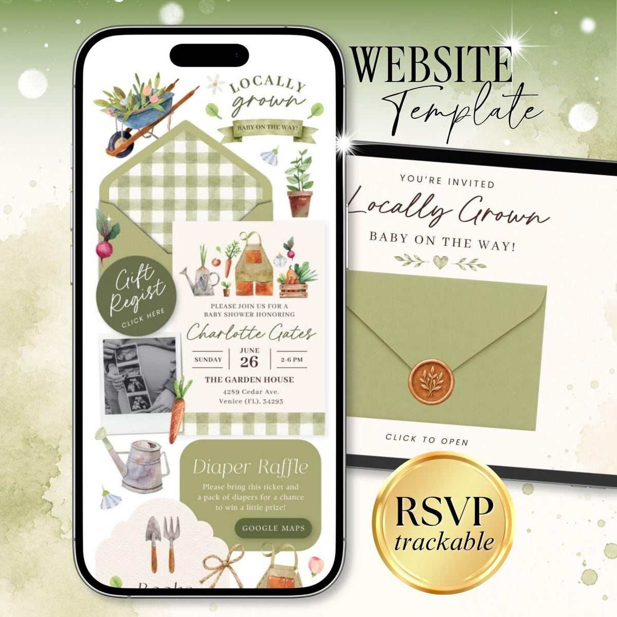 Locally Grown Baby Shower Invitation - Canva website invitation template with RSVP, image 1