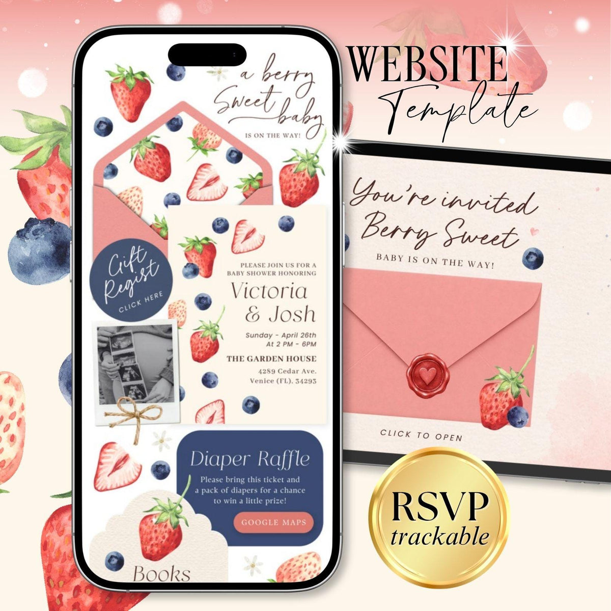 Berry Sweet Baby Shower Invitation Digital - Canva website invitation template with RSVP, image 1
