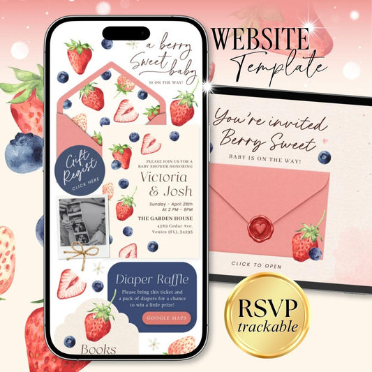 Berry Sweet Baby Shower Invitation Digital - Canva website invitation template with RSVP, image 1