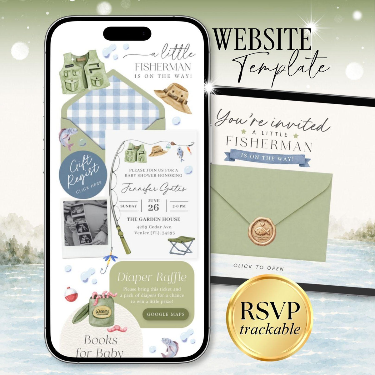 Little Fisherman Baby Shower Invitation - Canva website invitation template with RSVP, image 1