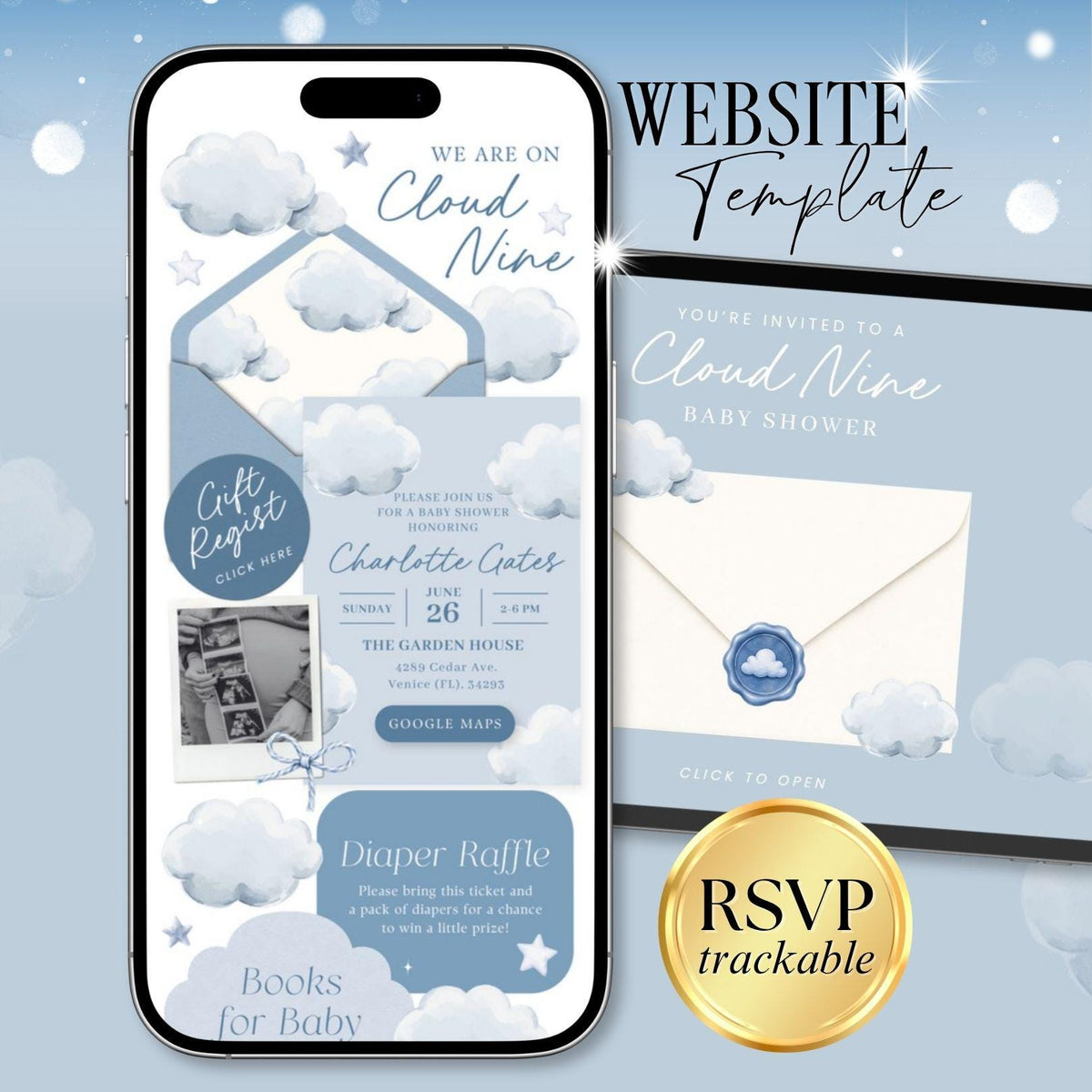 Cloud Nine Baby Shower Invitation - Canva website invitation template with RSVP, image 1