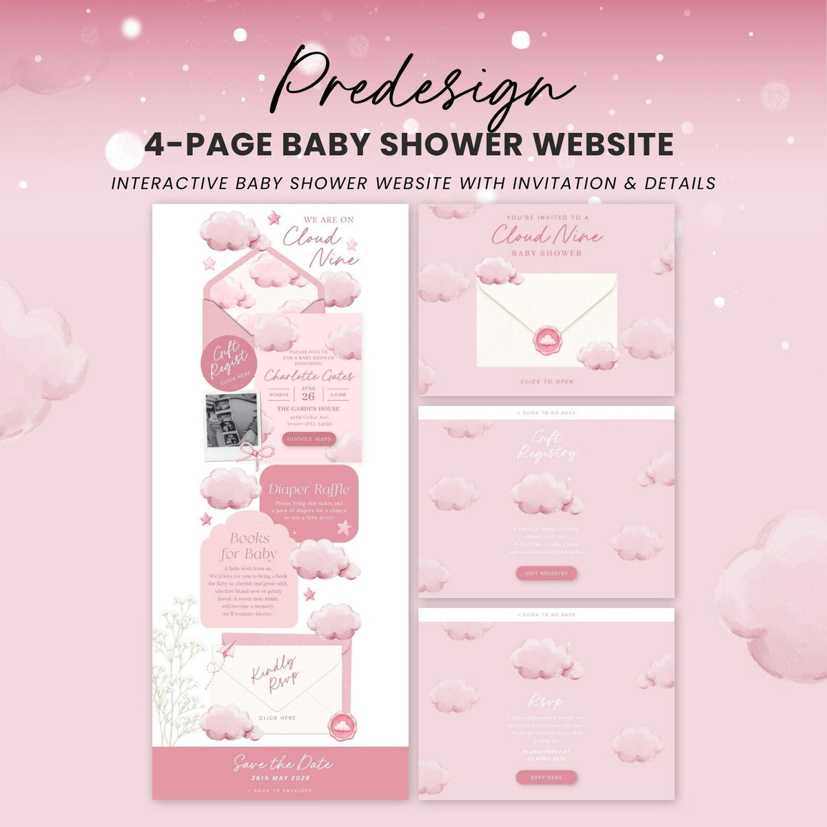 Pink Cloud Nine Baby Shower Invitation for Girl - Canva website invitation template with RSVP, image 3