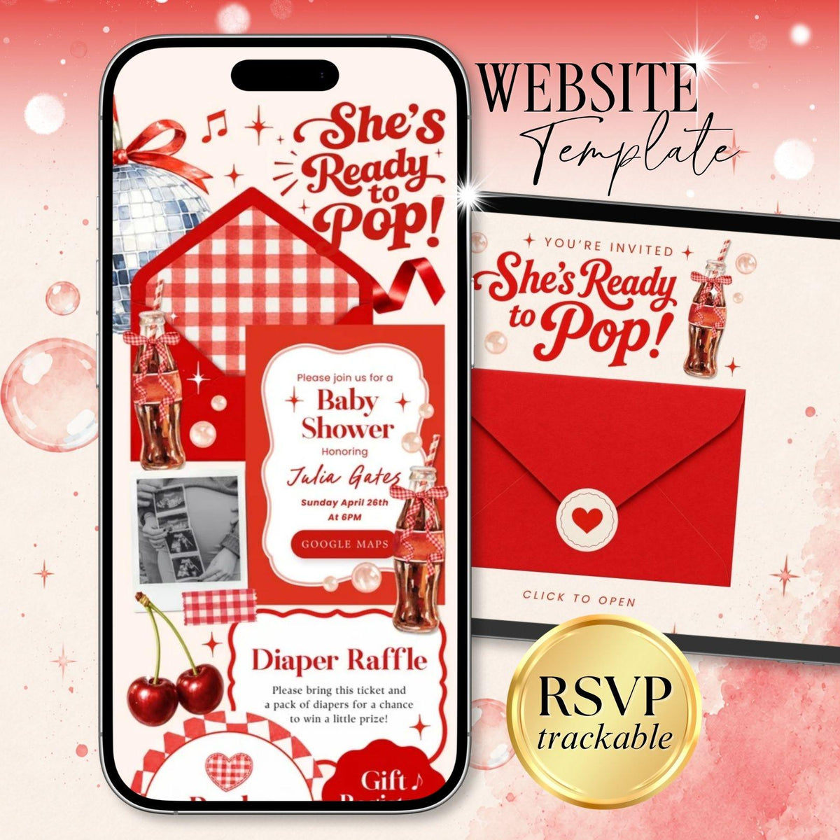 She is Ready to Pop Invitation Website Template - Canva website invitation template with RSVP, image 1