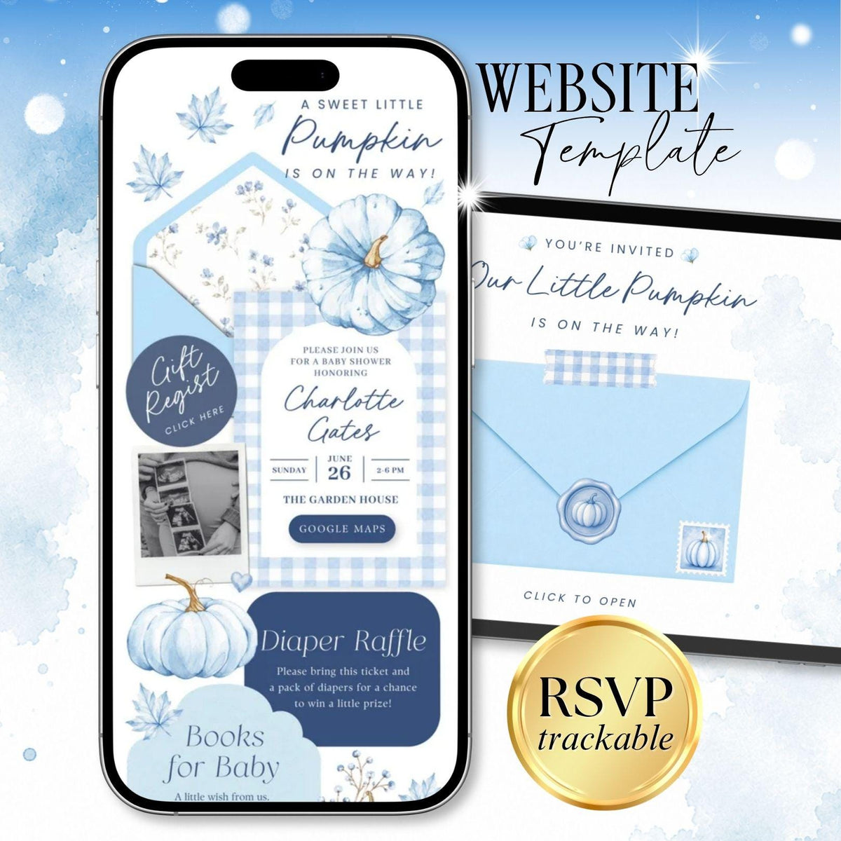 Blue Pumpkin Baby Shower Invitation for Boy - Canva website invitation template with RSVP, image 1