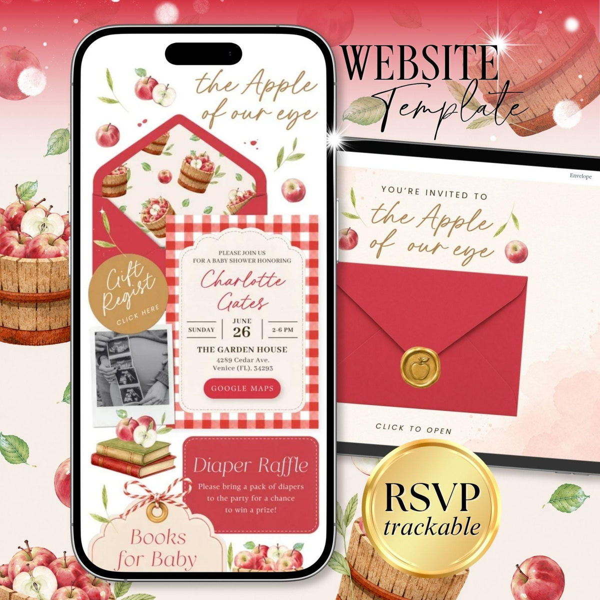 Apple of Our Eye Baby Shower invitation Website Template - Canva website invitation template with RSVP, image 1