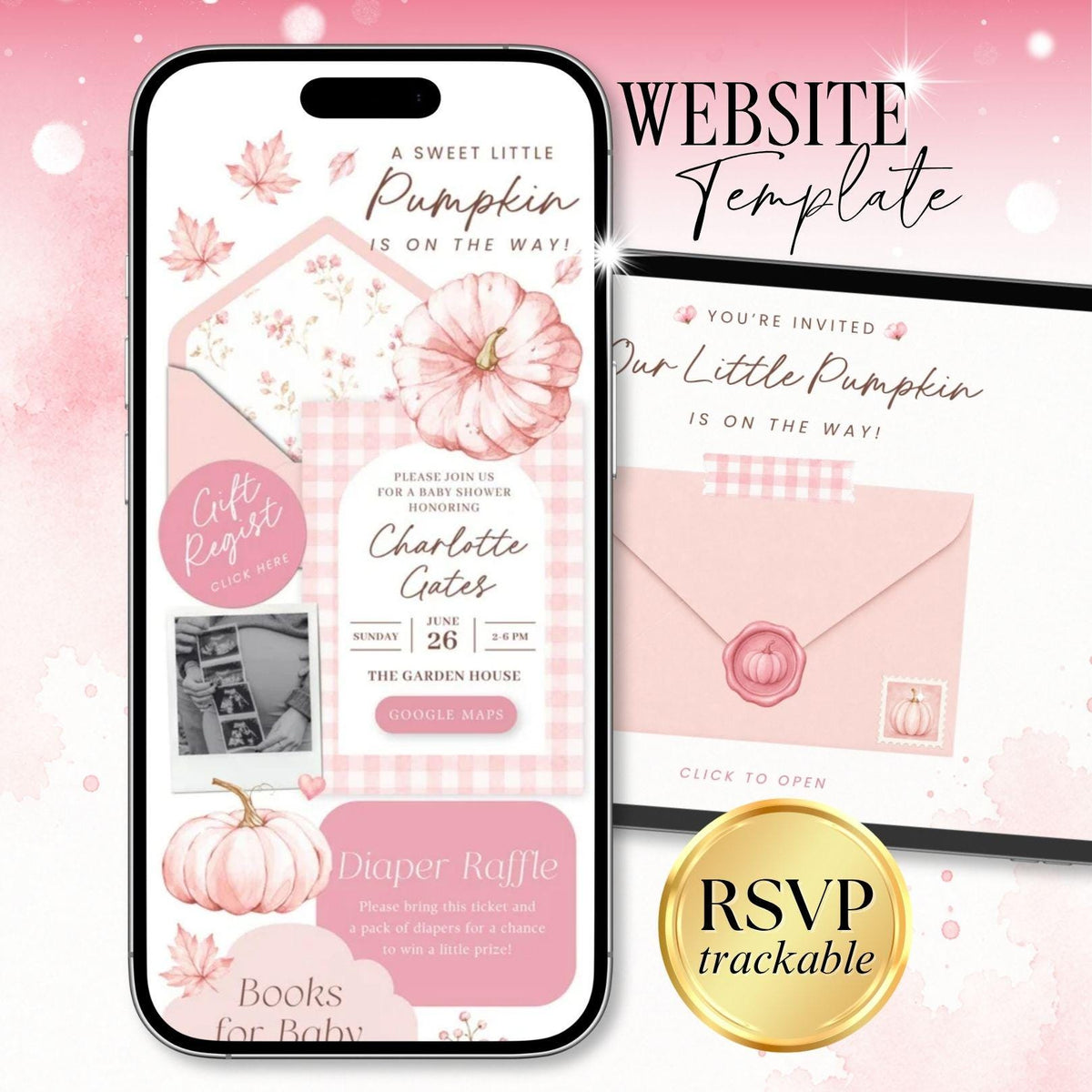 Pink Pumpkin Baby Shower Invitation for Girl - Canva website invitation template with RSVP, image 1